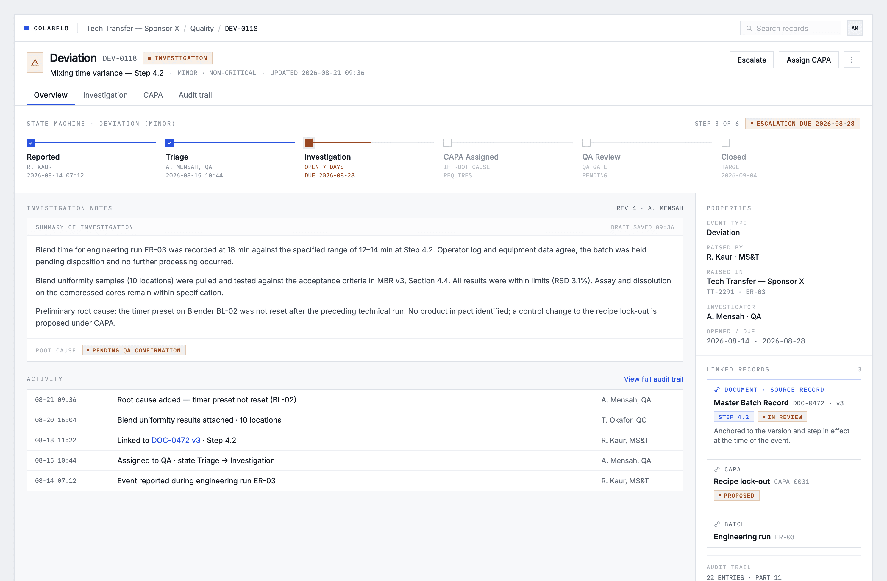 Deviation investigation screen showing state machine progress, investigation notes, linked Master Batch Record document, proposed CAPA, and engineering run context within a tech transfer project.